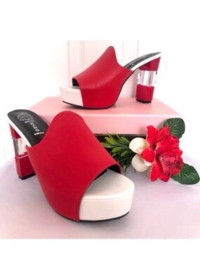 XING XING XANG ~ Red and White Platform Acrylic 4.5 inch Heel Sandals